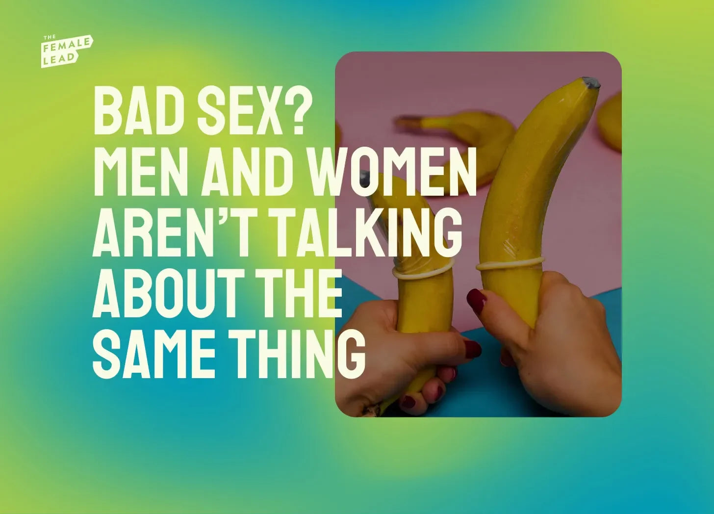 Text overlay on a gradient background with two hands holding bananas.